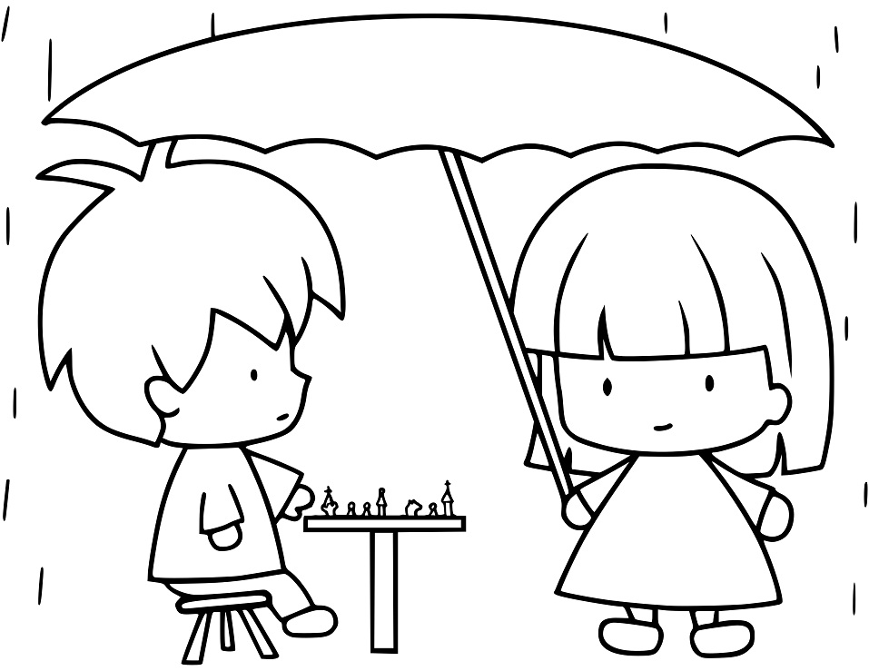 Tô màu 2 đứa trẻ chơi cờ dưới mưa
