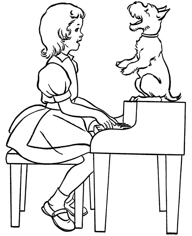 Tô màu cô bé chơi piano và chú chó