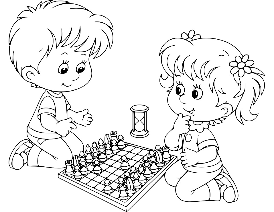 Tô màu cô bé và cậu bé chơi cờ vua